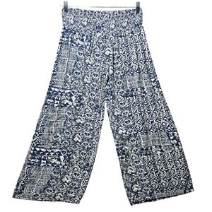 Michael Farrell Blue White Geometric Print Wide Leg Smocked Waist Pants Size S